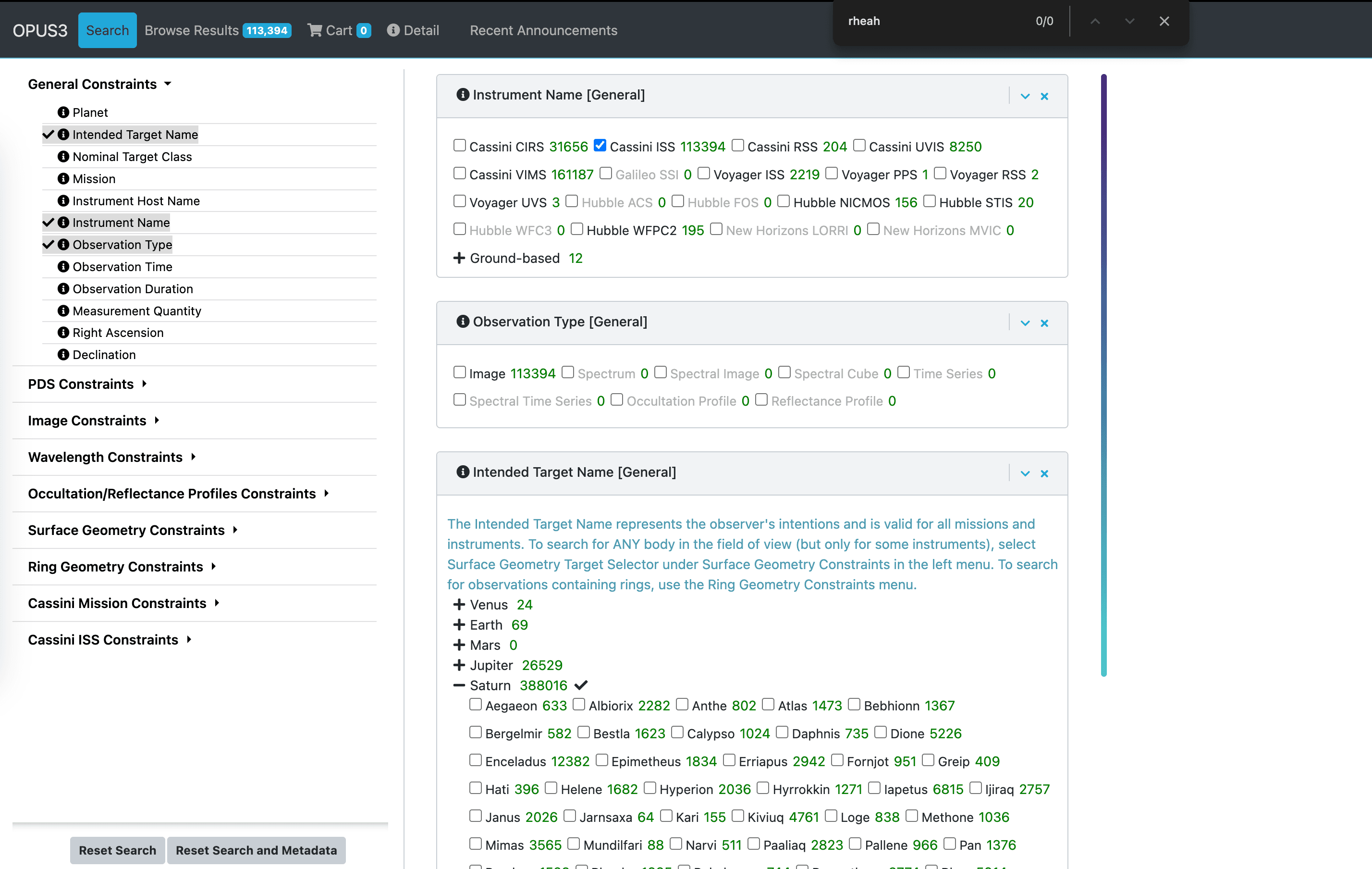 OPUS search results screenshot